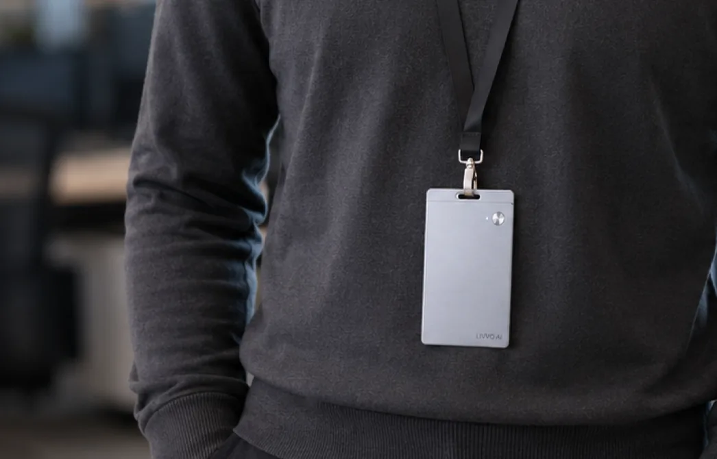 LIVVO Badge wearable AI voice recorder in the LIVVO workspace